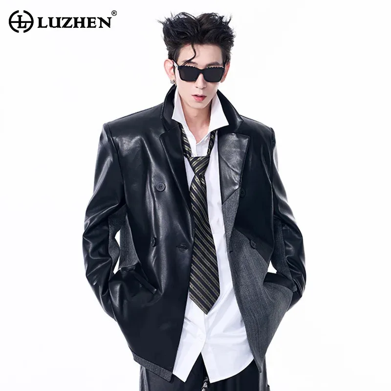 LUZHEN Faux Leather Patchwork Denim Shoulder Padded Suit Jacket Men's Autumn High-end Trendy Designer Street Blazer Coats LZ6993