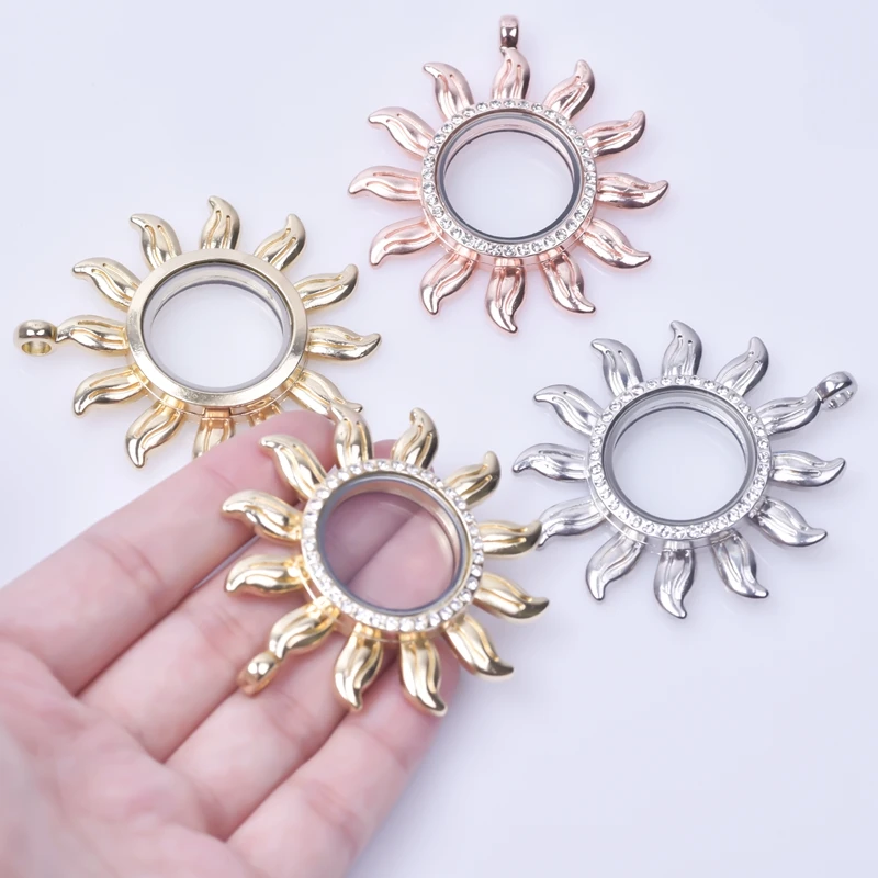 10PCS Sunflower Rhinestone Glass Floating Locket Pendants Necklace Making Reliquary Memorial Photo Necklaces Jewelry Craft Charm