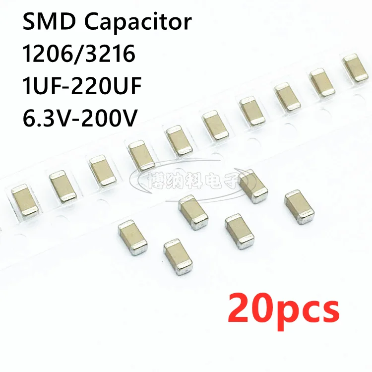 SMD Capacitor 1206 3216 1UF 2.2UF 4.7UF 10UF 22UF 47UF 100UF 220UF 10V 16V 25V 35V 50V 63V 100V 200V X7R X5R &plusmn;10%=K &plusmn;20%=M 20PCS smd capacitor