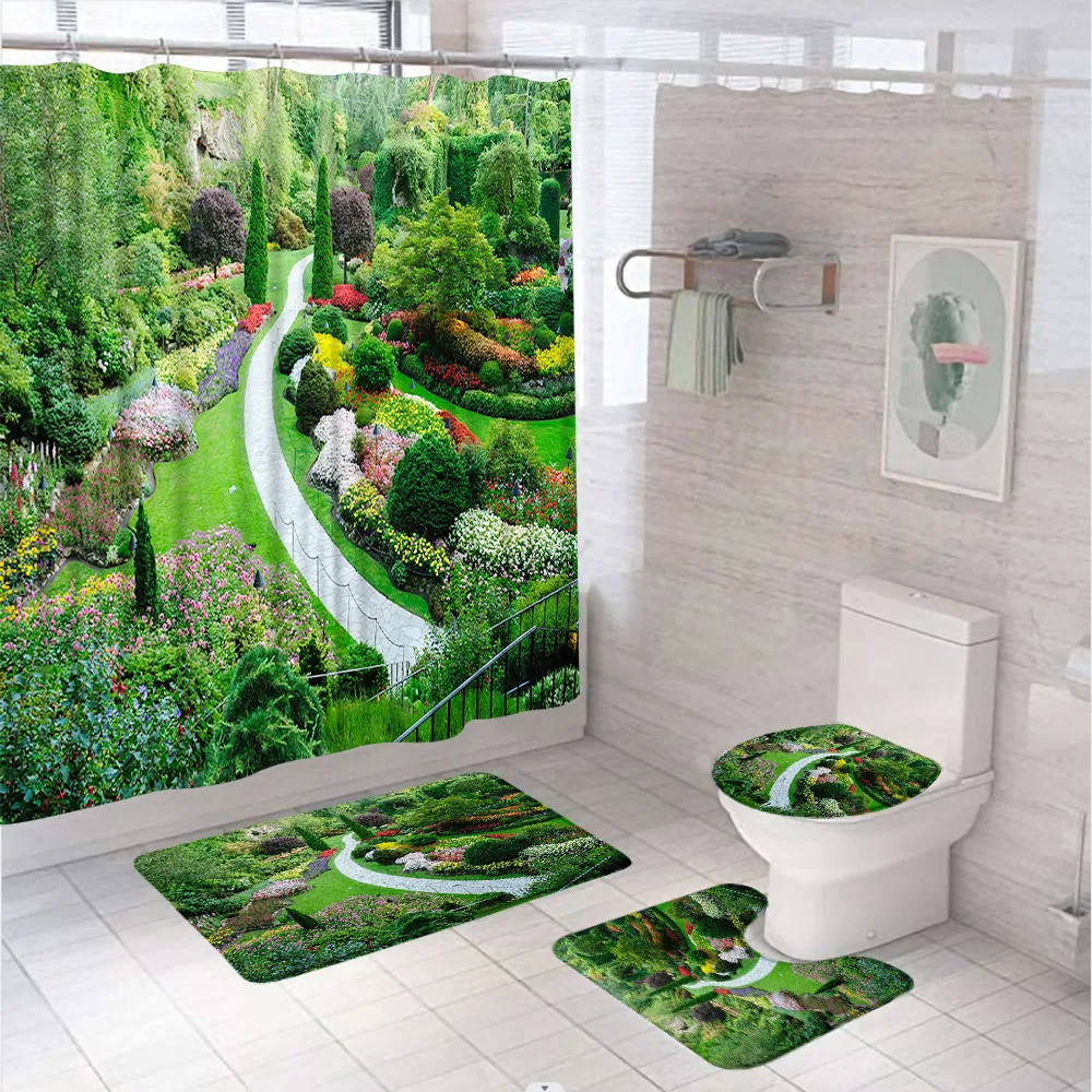 Green Garden Scenery Shower Curtain Sets Grass Stones Tree Landscape Floral Bathroom Rug Non-Slip Toilet Lid Cover Bath Mat Home crystal money tree house figurine natural citrine reiki feng shui lucky tree with simulation grass mini landscape for home decor