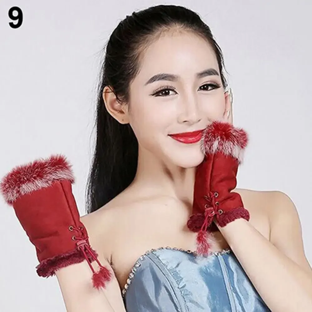 Faux Leather Gloves Winter Womens Faux Rabbit Fur Faux Leather Fingerless Mittens Wrist Gloves