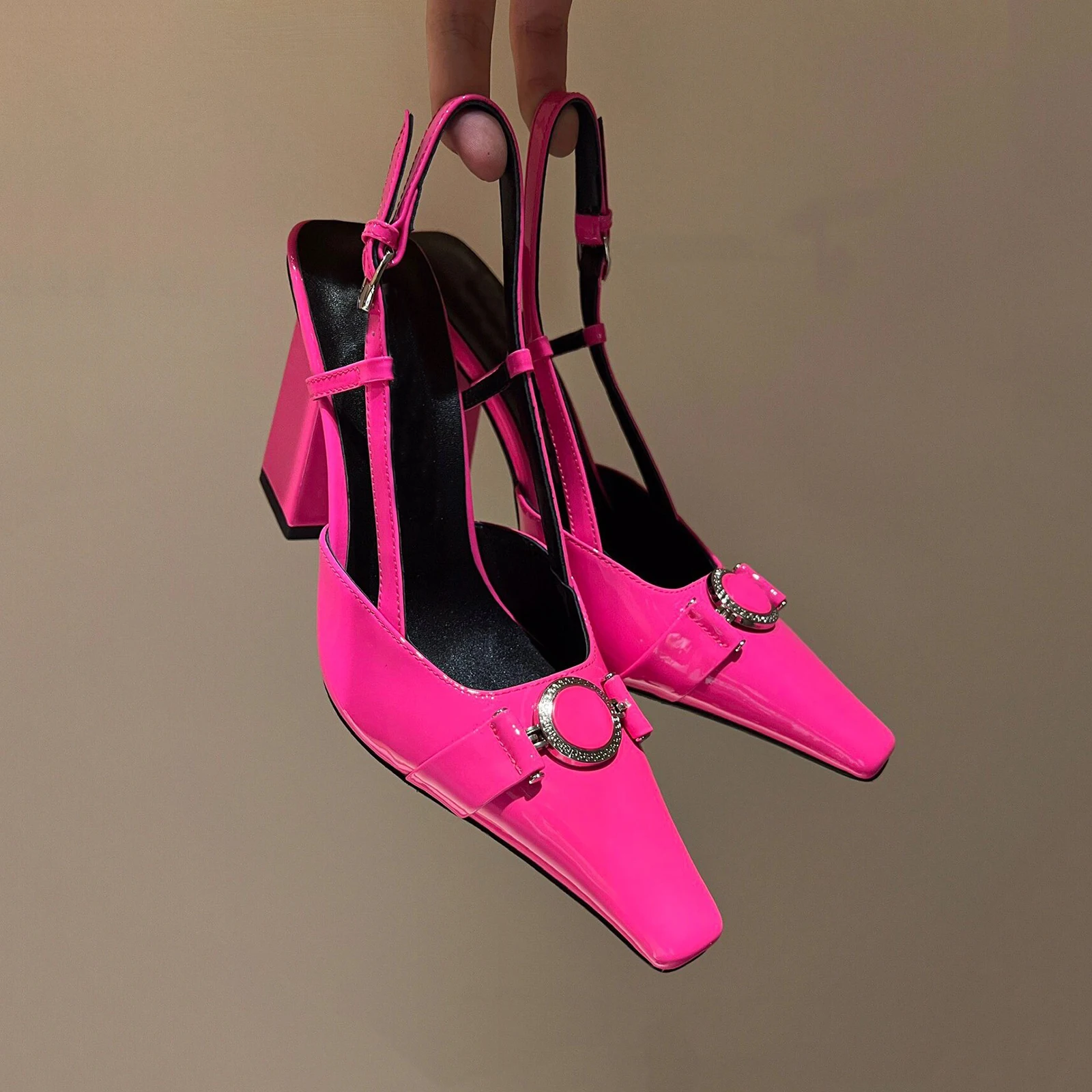 Women's pumps mules metal buckle ankle strap buckle high heel Side buckle back empty single shoe 3