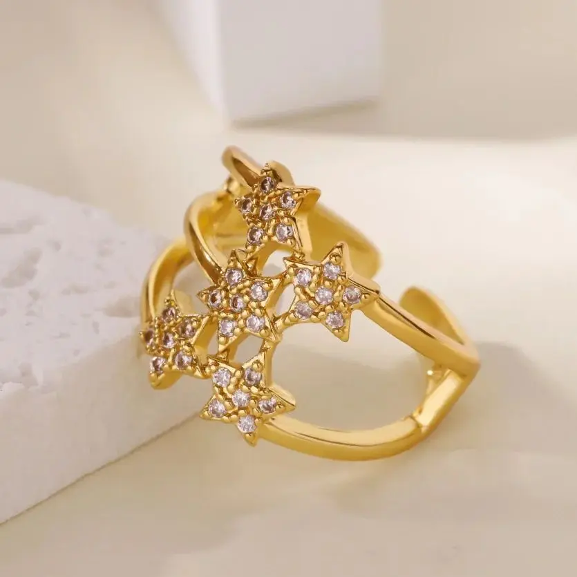 Luxury Zircon Stars Rings 18K Gold Plated Metal Crystal Star Adjustable Ring