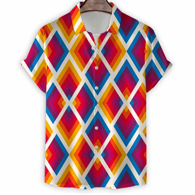 Camisa con estampado geométrico 3D vintage para hombre, blusa de manga corta con gráficos artísticos, camisas hawaianas con botones, blusa informal de verano con solapa suelta