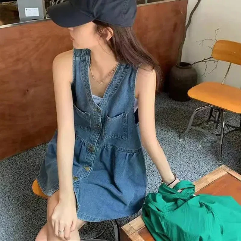 

Sleeveless Strap Dress Women 2023 Summer Single-Breasted Pockets Denim Dresses Woman Korean Style Loose A Line Mini Dress