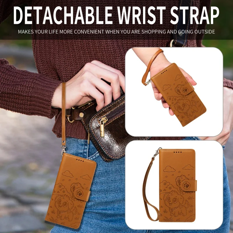 Love Dog Anti-Theft Leather Wallet Phone Case with Brush Lanyard and Card Holder