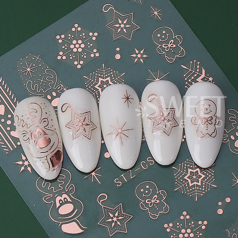 2pcs Christmas Nail Art Stickers 3D White Rose Gold Elk Snowflake Gingerbread Winter Nail Decals Sliders DIY Manicure Decoration
