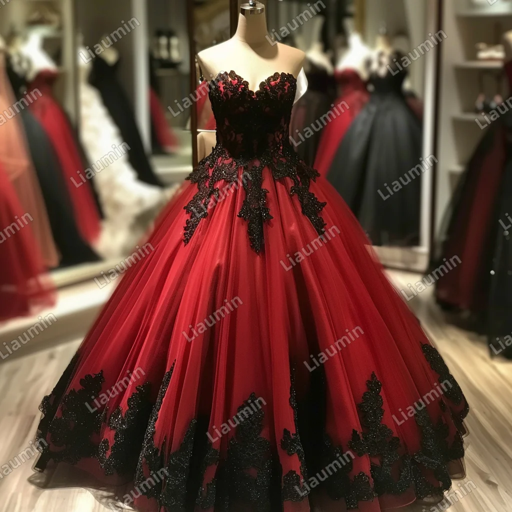 

Exquisite Red Tulle And Black Lace Applique Beading Strapless Evening Prom Dress Princess Formal Clothing Custom Made J4-1.1