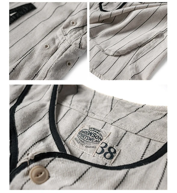 TURBOSUN Bronson Wartime Baseball Jersey Uniform Retro Striped Cotton Linen Men Shirts