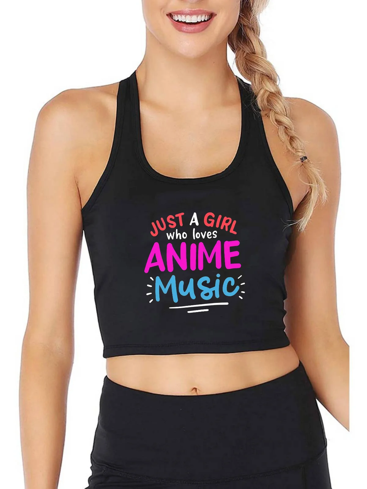 

Just A Girl Who Loves Anime And Music Design Breathable Slim Fit Tank Top Women's Yoga Sport Crop Tops Gym Vest Summer Camisole