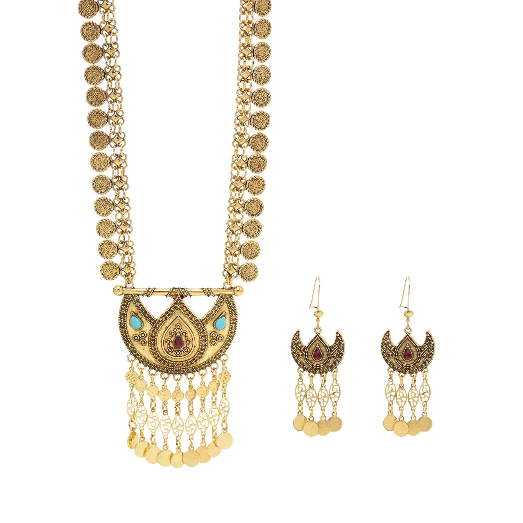 Red Tribal Afghani Jewelry Set for Women – Coin Necklace & Earrings
