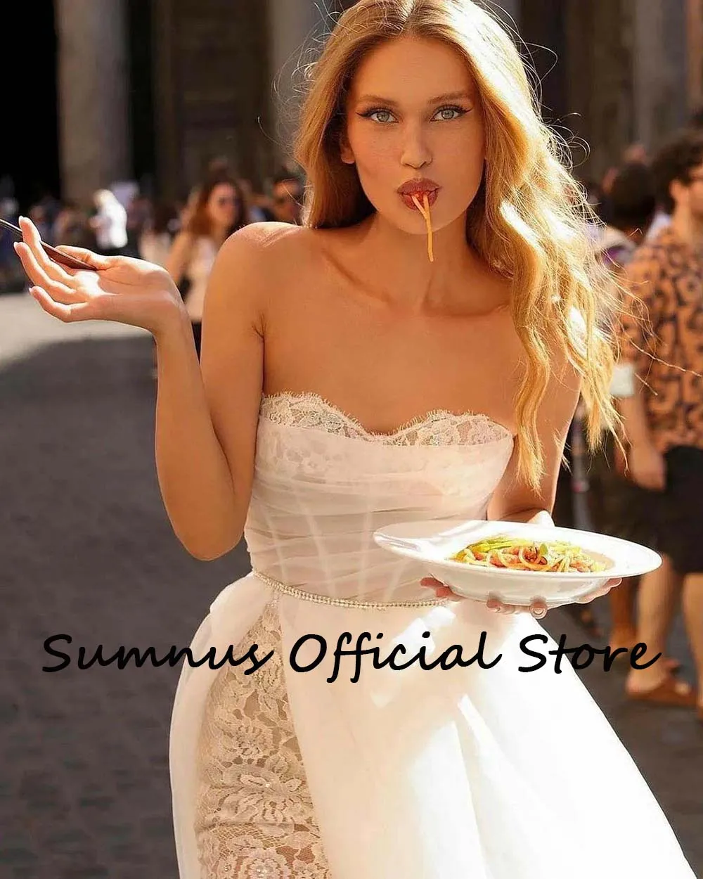 Sumnus Bohemian Lace Sweetheart Wedding Dresses Appliques Sexy High Split A Line Bride Dress Detachable Tulle Train Wedding Gown
