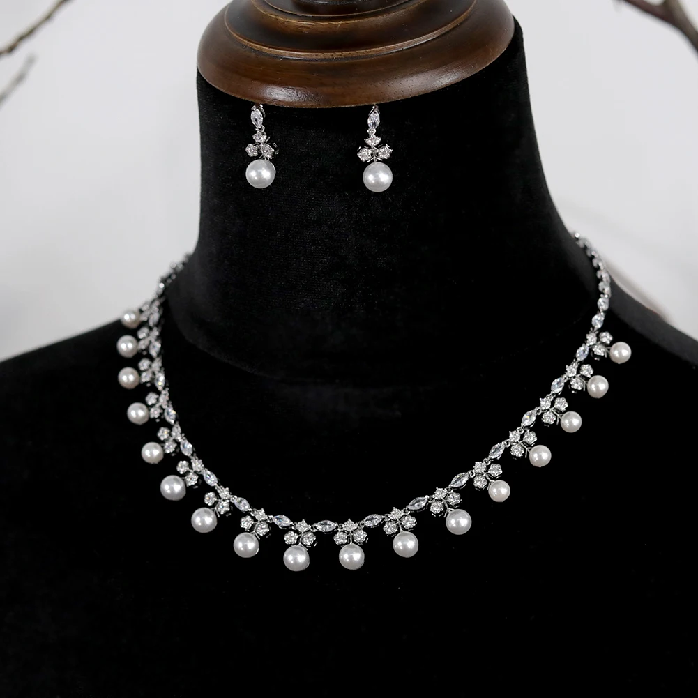 Gorgeous Cubic Zirconia Stone Pearl Choker Necklace Earring