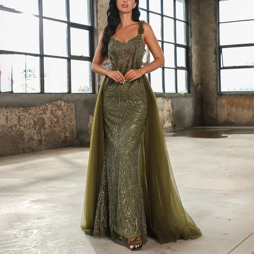 

Green Sweetheart Sleeveless Strap Heavy Beaded Dubai Evening Dresses Wedding Elegant Arabic Formal Party Gown With Sweep Train