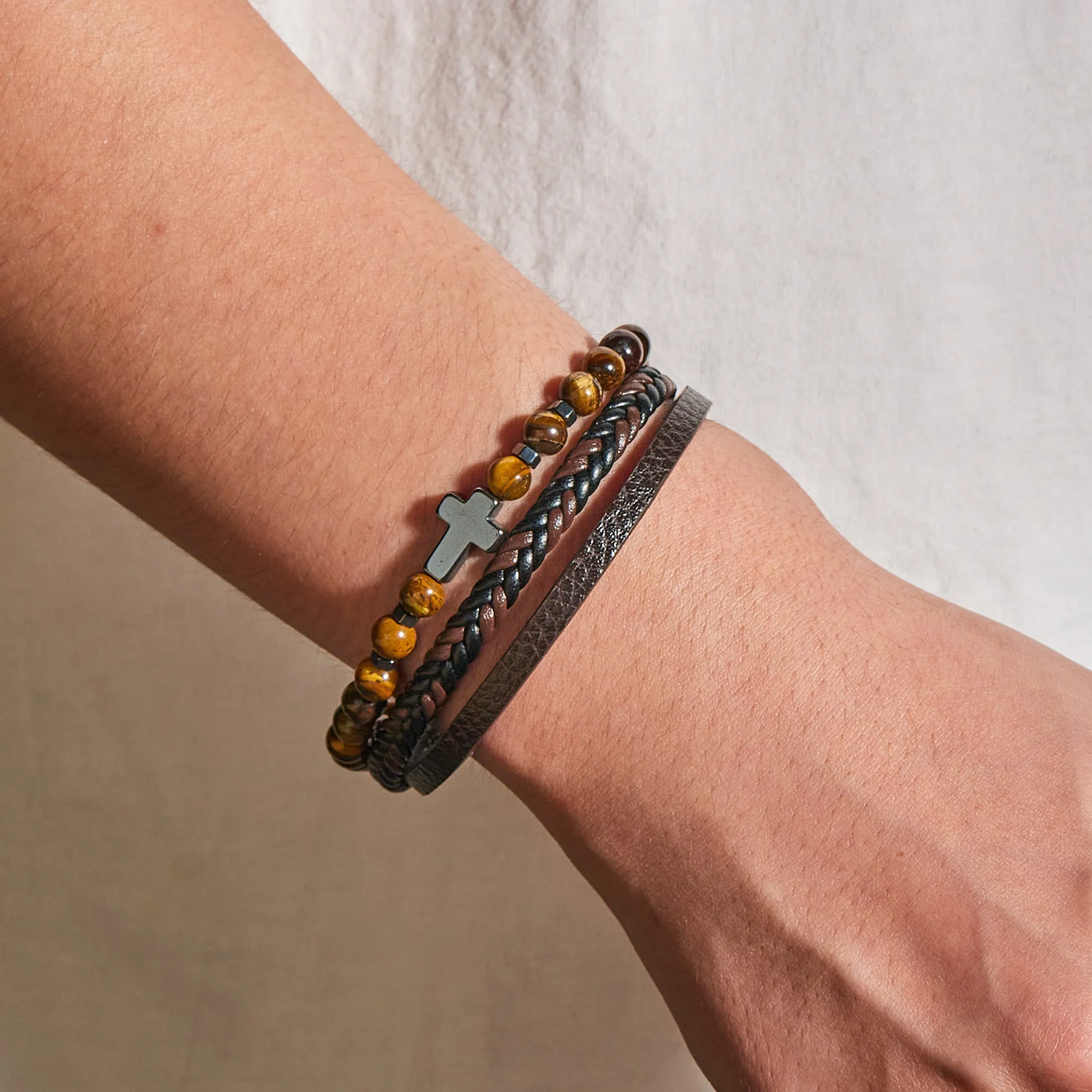 Men Leather Bracelet Vintage Fashion Tiger Eye Volcanic Stone Beaded Multi Layer Leather Cross Bracelet for Men Jewelry Gift leather bracelet beaded bracelet stone bracelet