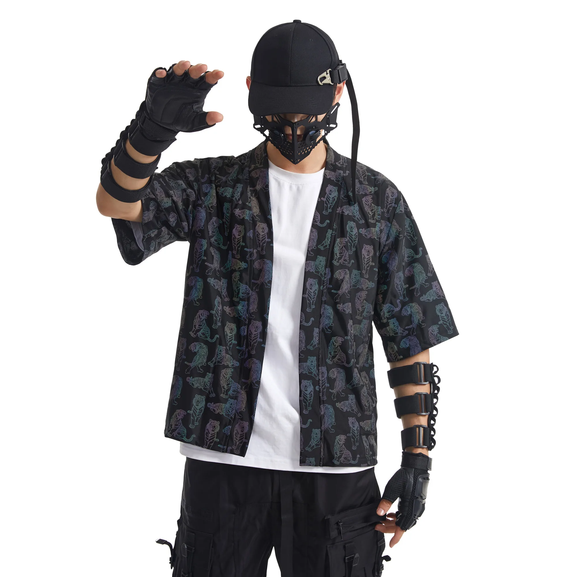 Men Autumn Colorful Reflective Punk Hip Hop Short Sleeve Shirt Japanese Style Knitted Cardigan Kimono