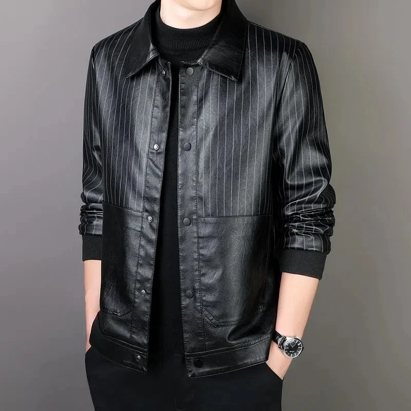 

Leather Jacket Men Casual Lapel Patchwork Outerwear Autumn Winter Long Sleeve Pocket Jaqueta Masculina Loose Business PU Coat