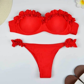 Solid Bikini Set Women Swimsuit Chic Ruffles Micro Bikini Split Bathing Suit Summer 2025 New Beach Spice Girl 2 Piece Swimwear