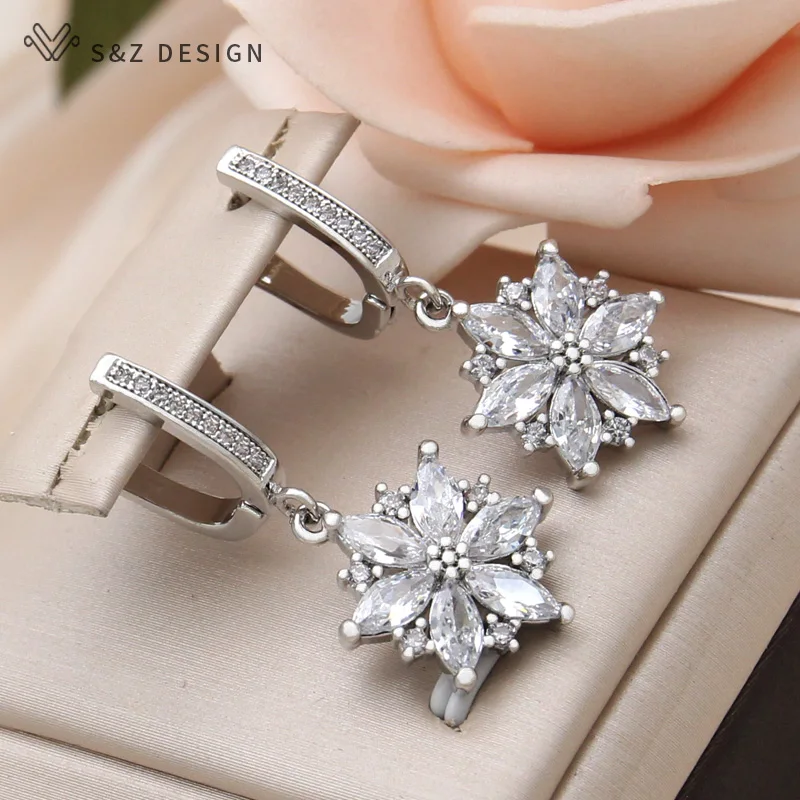 S&Z DESIGN New Fashion 585 Rose Gold Color Flower Dangle Earrings For Women Wedding Party Jewelry Cubic Zirconia Eardrop Gift