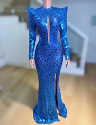 Long Train Dress Blue Mirrors Evening Celebrate Prom Birthday Outfit Birthday Sexy Costume Club Dress lanjing