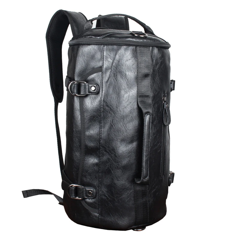 Black Men Multifunction Travel Bag PU Leather Casual Large Capacity Laptop Rucksack Male Hike Bucket Backpack