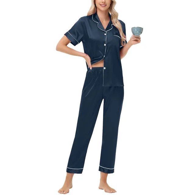 Women Satin Pajamas Cozy Lounge Set Winter Long Sleeve Buttons Lapel Top & Pants Loungewear 2 Piece Sleepwear Button-Down Pj Set 2