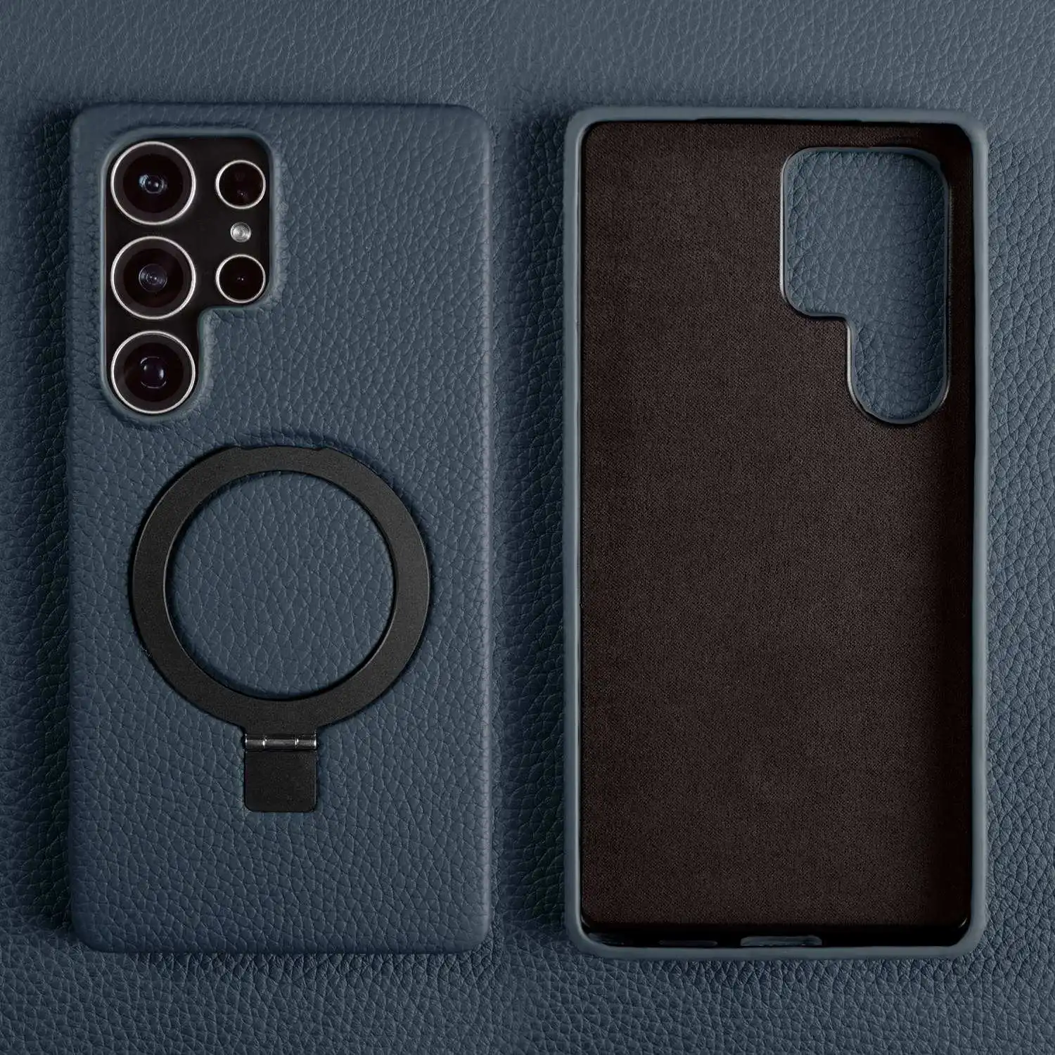 Genuine Leather Magnetic Ring Stand Phone Case with Back Cover