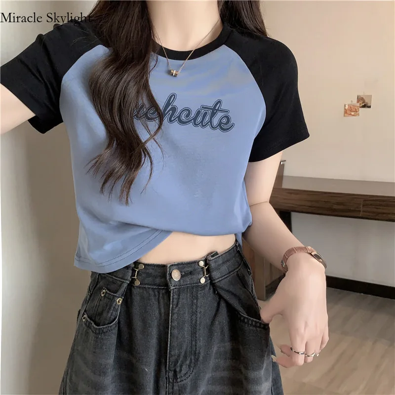 

Contrasting Color Raglan T-shirt For Women's Summer Wear Slim Fit Short Cotton Half Sleeved Bottom TopEuropean and American