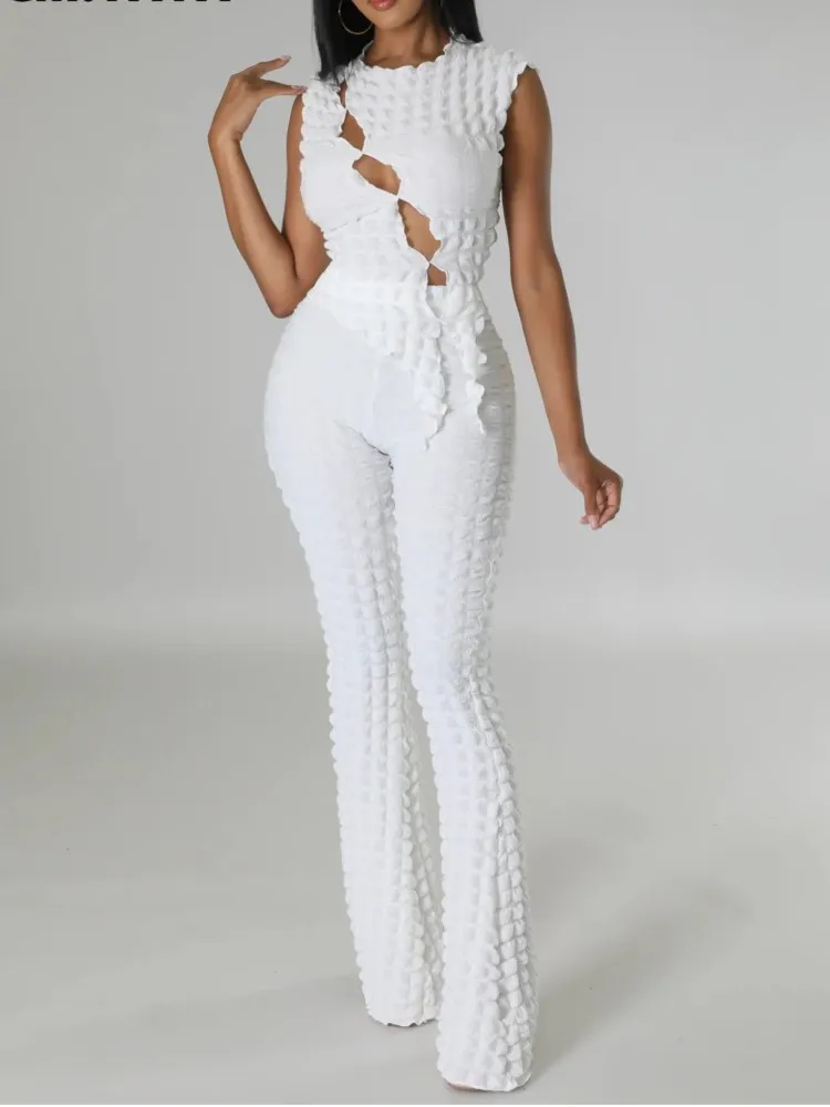 

RDMQ 2023 Seersucker Stretch Women's Set Cutout Front Irregular T-shirt and Flare Pants Suit Two 2 Pieces Set Outfit Tracksuit