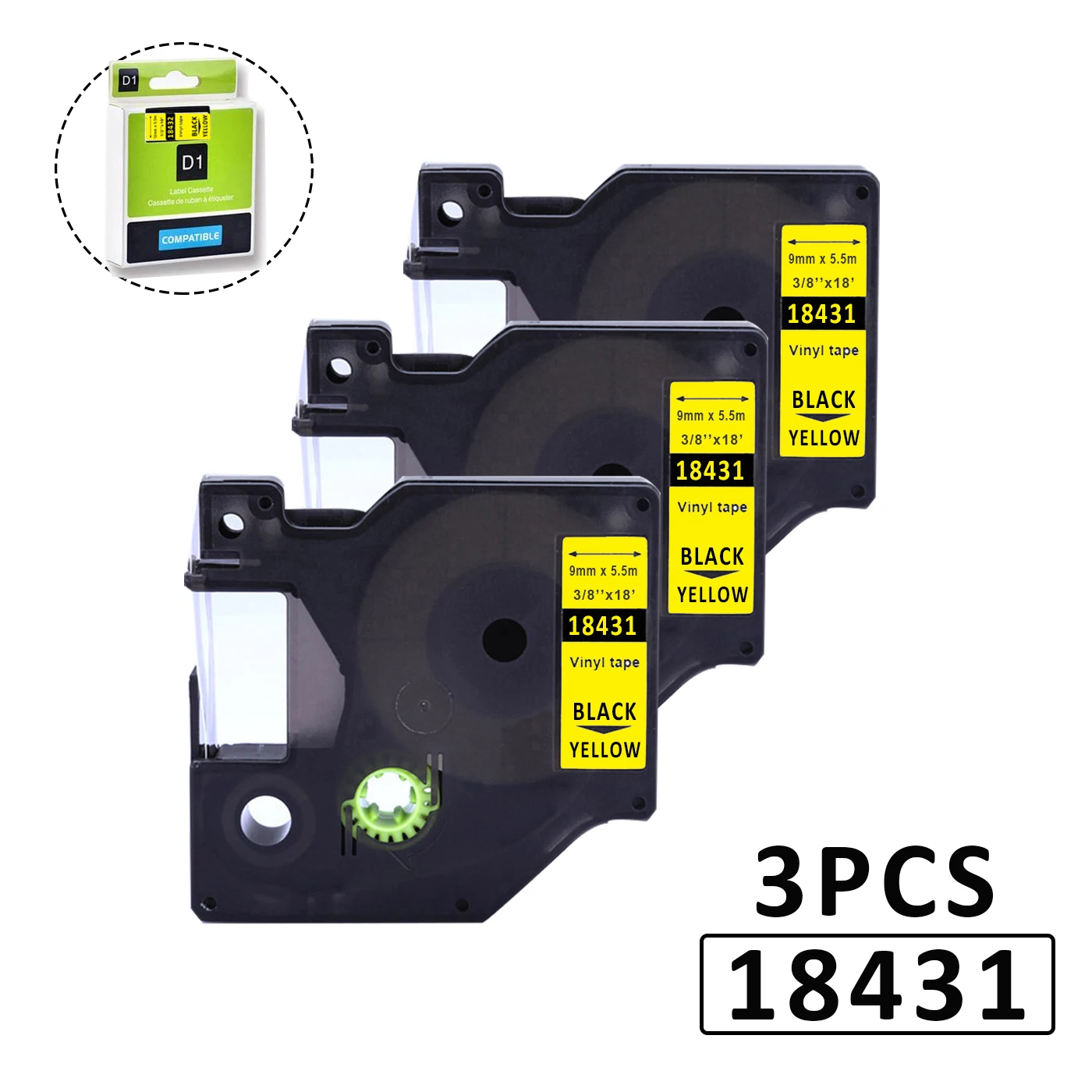 

3PKS 18431 9 мм x 5,5 м черные на желтых этикетках для Dymo Rhino 5200 4200 6000 IND Vinyl Industrial 45013 Tape