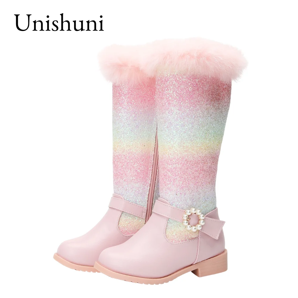 Unishuni Boots for Girl Children Knee-High Glitter Boots Princess Autumn Winter Fur Lined Rubber Sole Bootie Kids High Heel Shoe