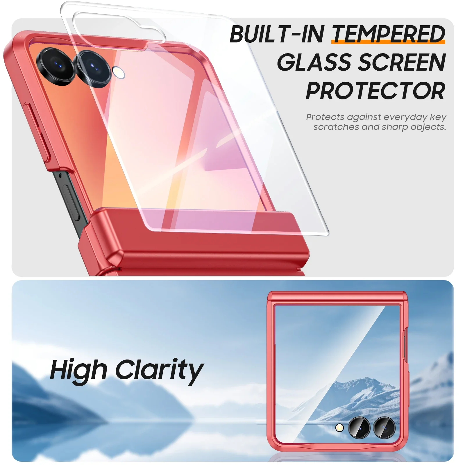 Rose Red Full Hinge Protection Case with Built-in Tempered Glass and Military Drop Proof Cover