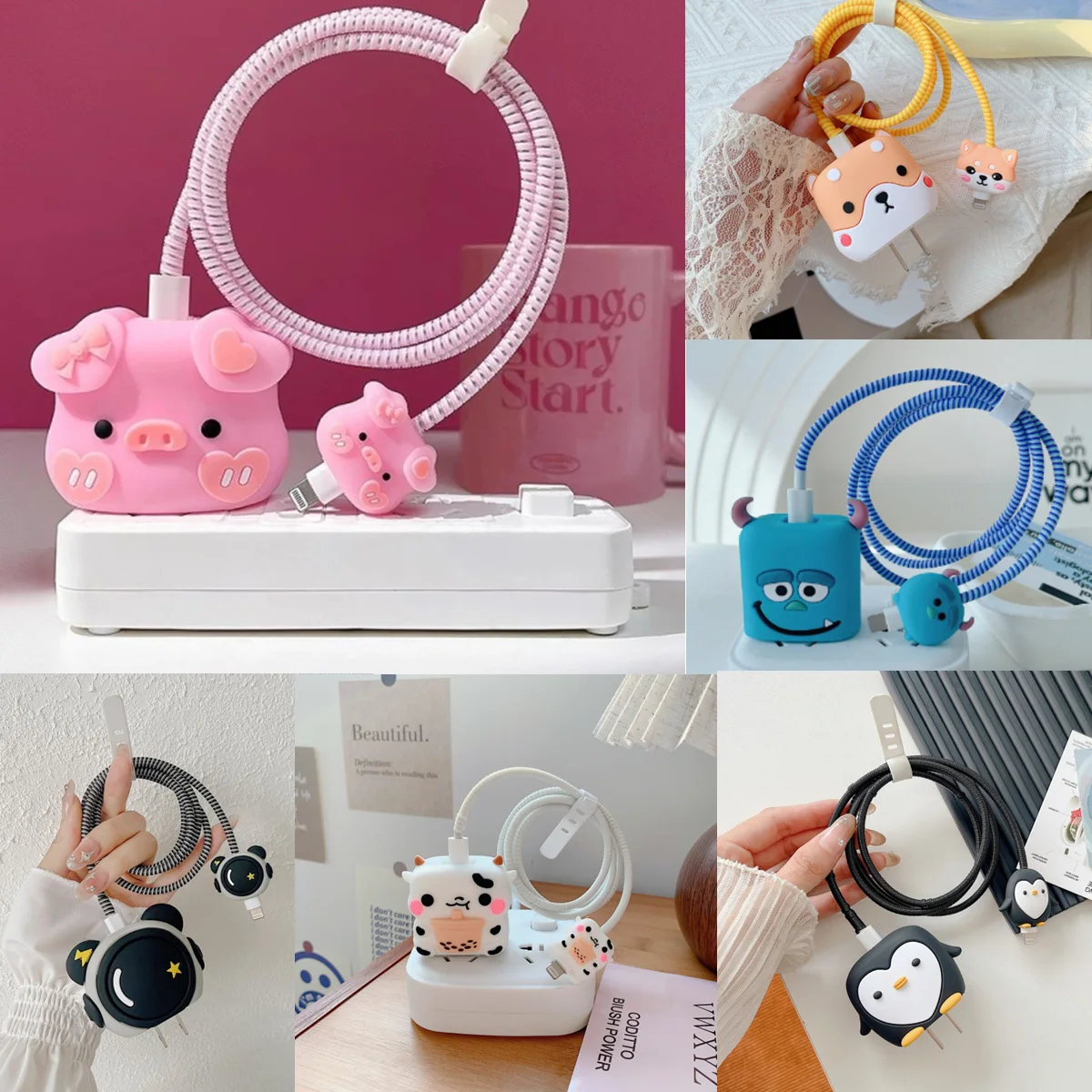 Cute 3D Cartoon Cable Protector iPhone / iPad 18W/20W Charger Case Phone Wire Cord Organizers 4Pcs/Set cable protector