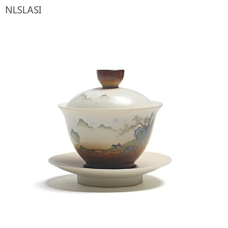 120ml Chinese Style Antique Gaiwan Ceramic Tea Bowl Creative Handmade Tea Infuser Household Set Accessories Porcelain Teacup