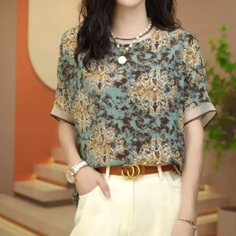 2024 Summer New Women's Pullovers Crew Neck Printed Spliced Gauze Half Sleeve Elegant Comfortable Loose Commuter Chiffon Tops