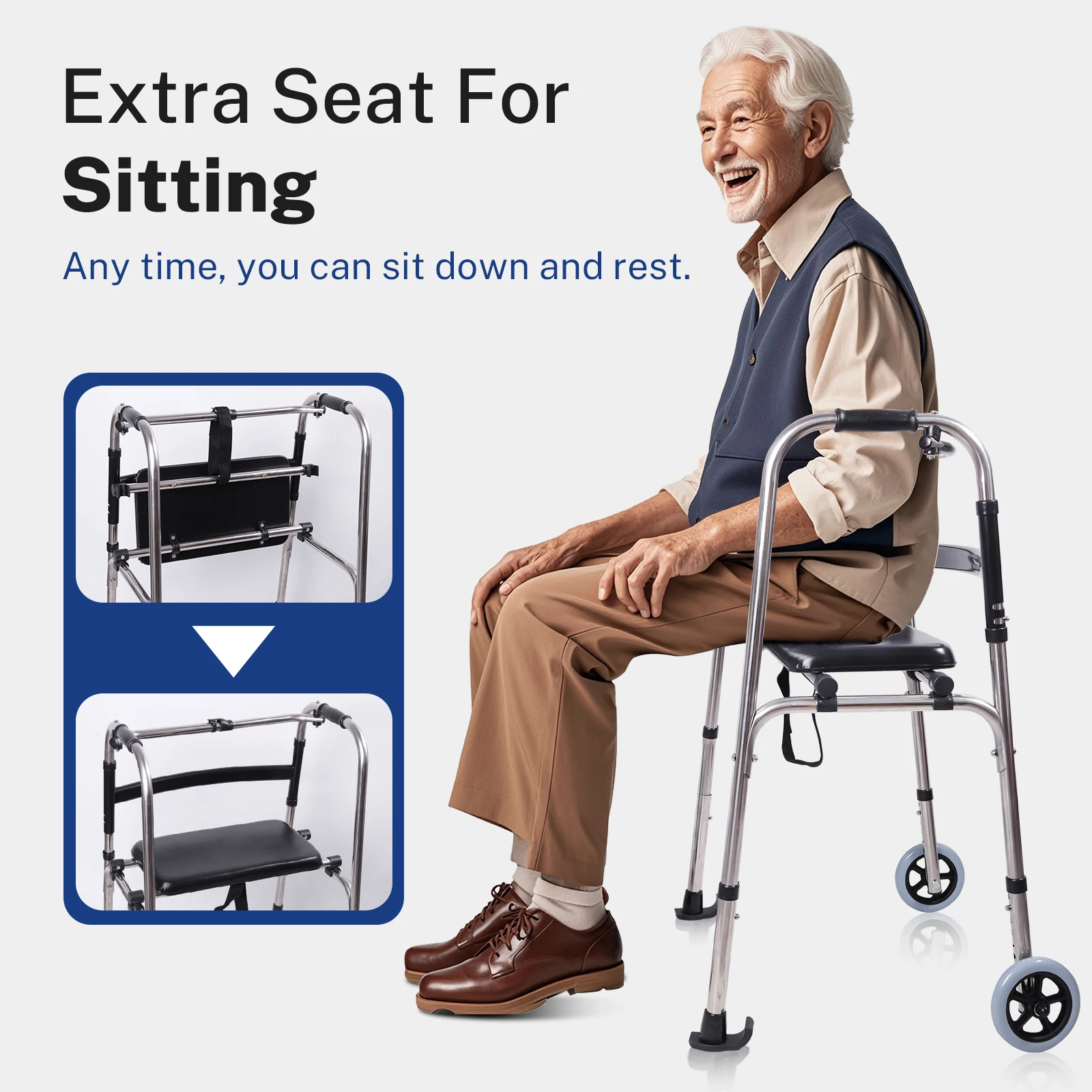 Lefeke Walker with Seat 2 Front Wheel Walker for Seniors Folding Standard Narrow Walker with Ski Glides for Elderly 3