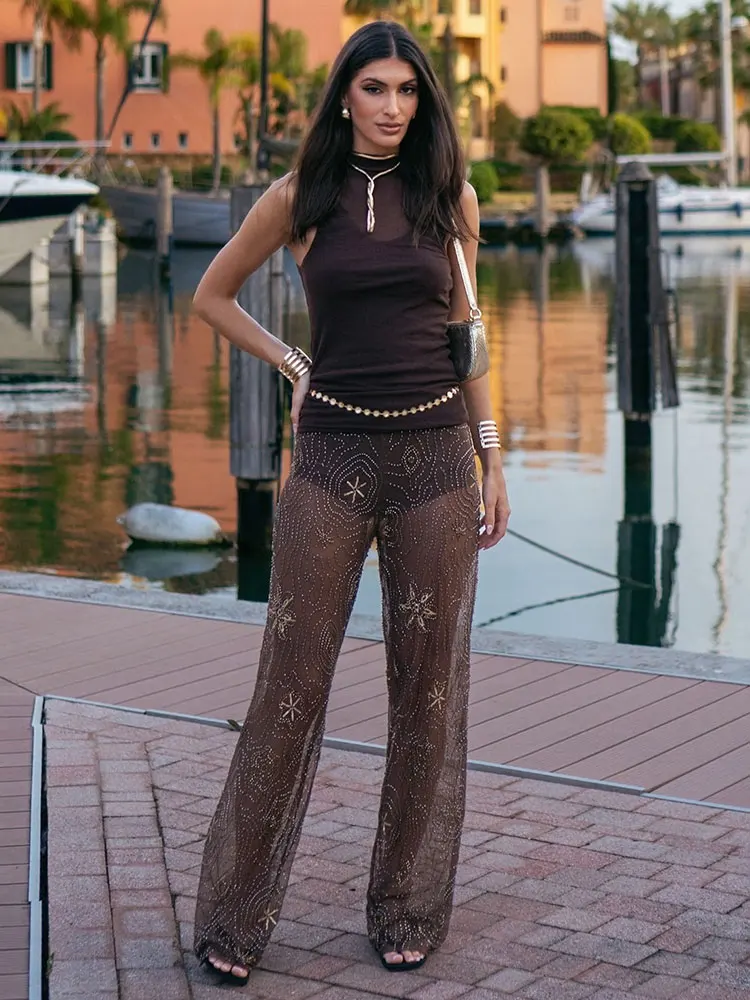 HH Women Fashion Translucent Sequin Pants Vintage Brown Elastic Waist Straight Trousers Spring Summer Holiday Party Pant