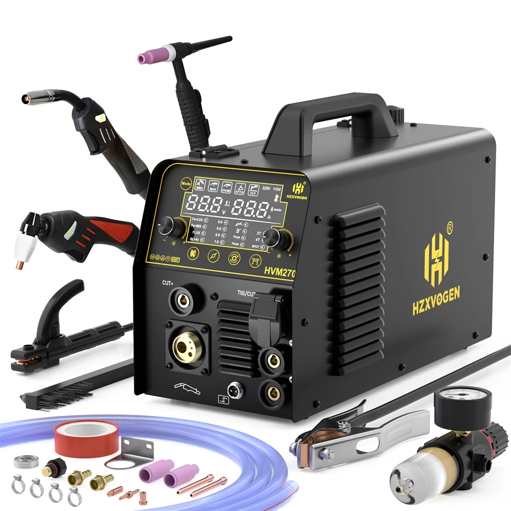HZXVOGEN HVM270 6 in 1 Aluminum Welding Machine Cut/Gas MIG/Gasless MIG/HF TIG/MMA Digital Screen 2/4T Inverter Welder Stainless