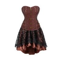 Brown Corset Dress Set Women's Steampunk Gothic Bustier Corset with High Low Skirt 1