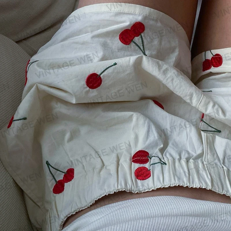 Complex White Beige Cherry Embroidery Loose Casual Shorts Women's Cotton Summer Pants