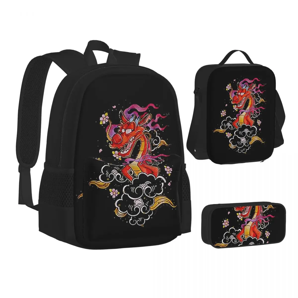 

Mushu From Mulan Backpacks Boys Girls Bookbag Students School Bags Cartoon Kids Rucksack Lunch Bag Pen Bag Three-Piece Set