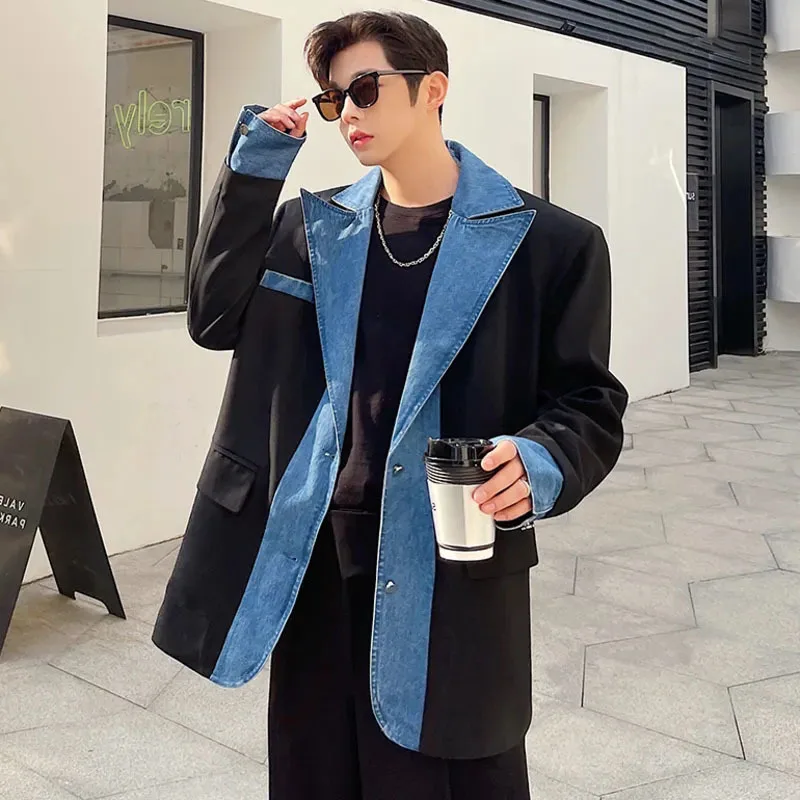 LUZHEN Trendy Denim Splicing Design Blazer Coat Men's Original High Street Color Contrast Stylish Jacket Korean 2024 New B0af0f