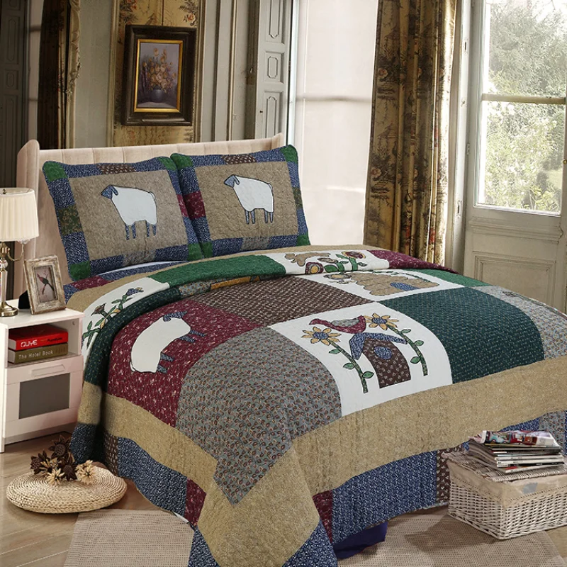 

All Cotton Quilted Quilt European Style Bedding 3-piece Single Bed Splicing Cartoon Lamb Printed Bed Cover Quilt