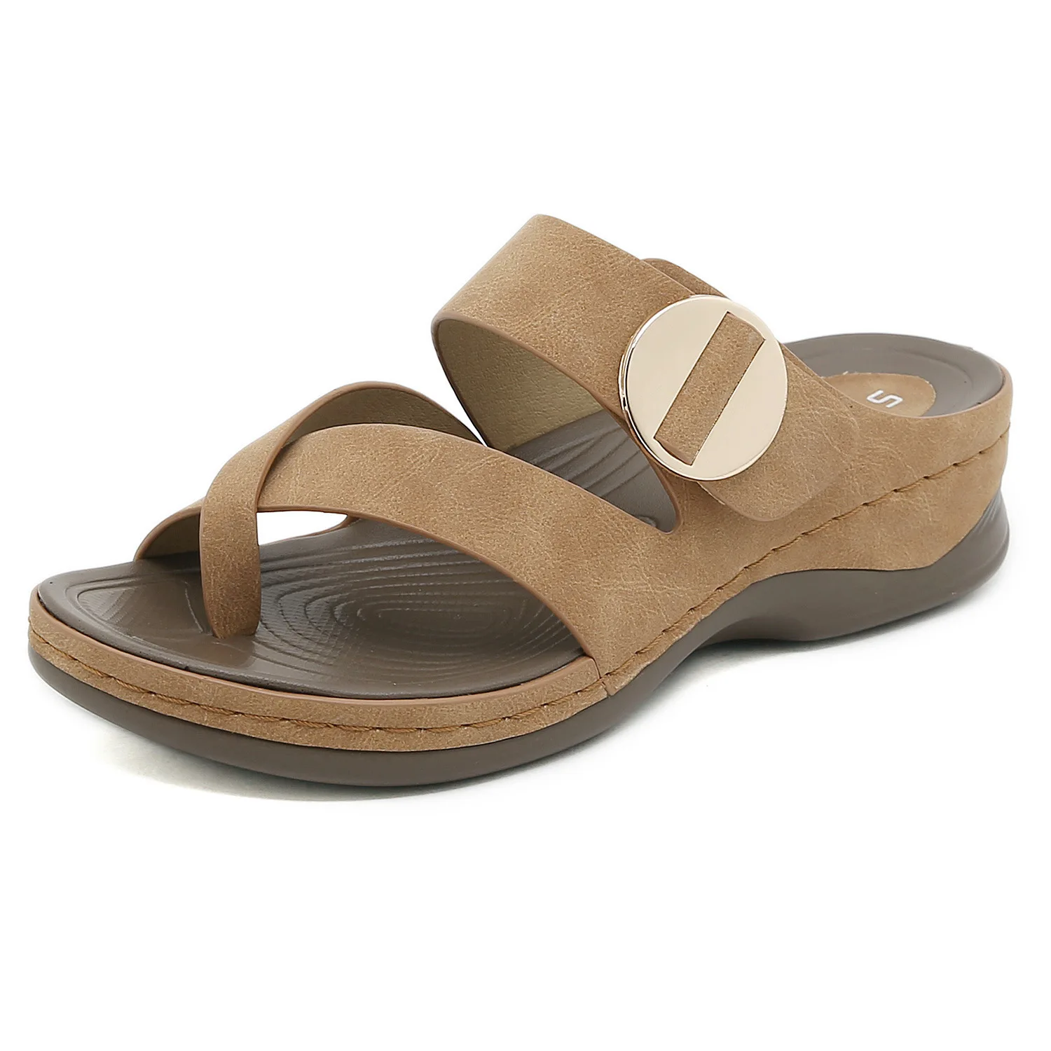 

605-7 New 2023 Summer European and American Women's Shoe Sewing Simple Casual Slope Heel Metal 36-42 Large Slippers