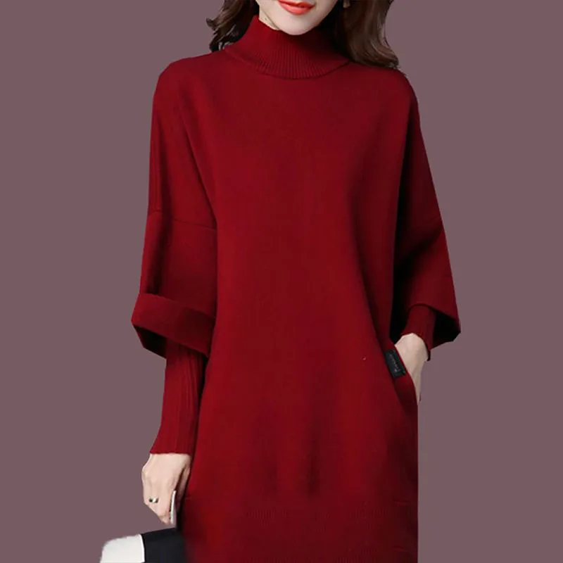 

2023 New Autumn Winter Fashion Knit Women Sweater S-6XL Elegant Pocket Bottom Casual Loose Half High Collar Pullover Sweater
