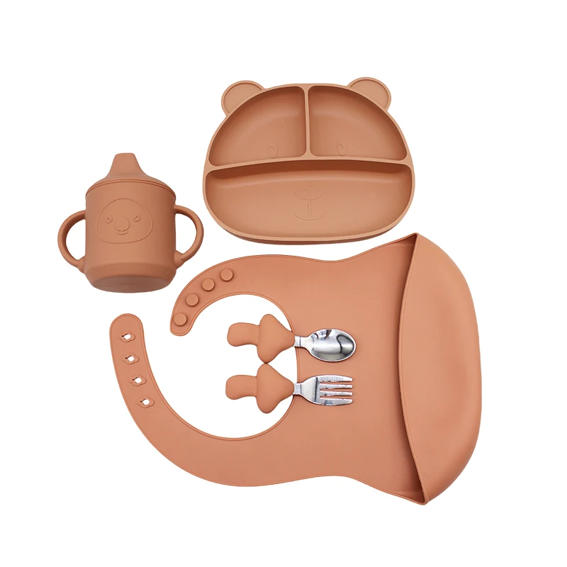 Baby Fork Spoon Plate Set With Suction Cup Children Eating Bowl Self-Practice Training Bowl Baby Complementary Tableware Set 6