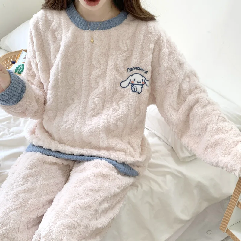 

Sanrio Kawaii Cinnamoroll Pajamas My Melody Cartoon Cute Flannel Round Neck Loose Fitting Comfort Home Clothing Two Piece Set