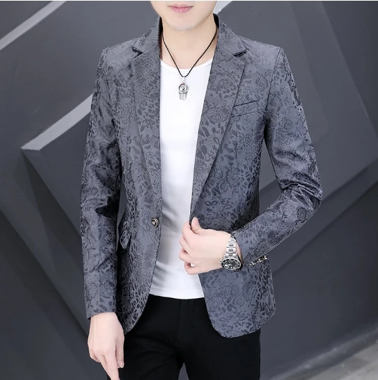 

Mens youth printing bussiness long sleeved Single breasted coat spring jacket top cotton Slim Fit blazer suit top casua jacket