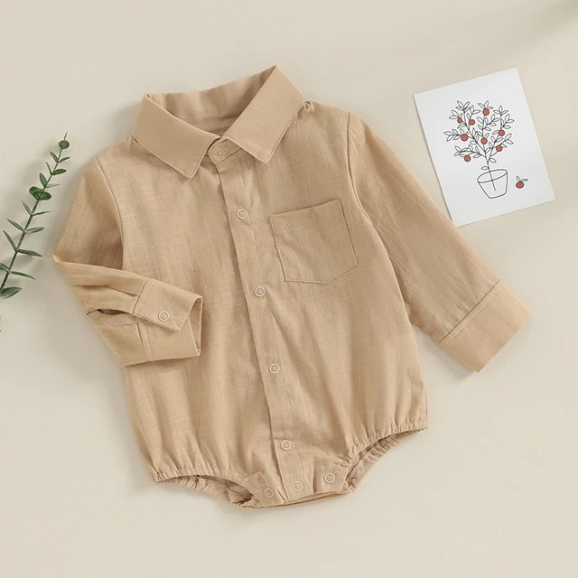2023-08-16 Lioraitiin 0-24M Newborn Baby Boy Cotton Linen Shirt Romper Solid Long Sleeve Lapel Button Down Jumpsuit Clothes 4