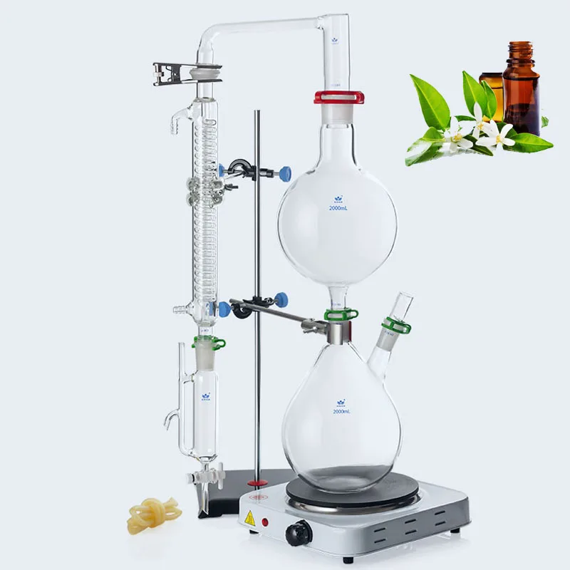 2000ml Essential Oil Extraction Separator Device Dew Distillation Equipment Water Distiller Machine Glassware Kits stainless steel distiller
